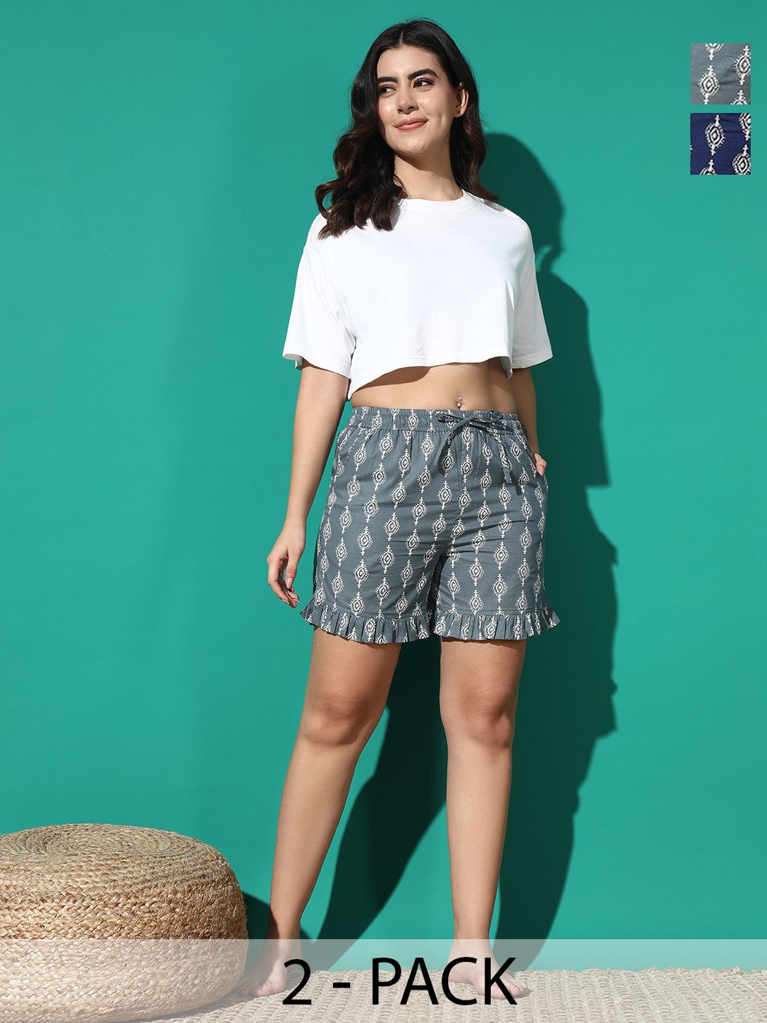 

MBeautiful Women 2 Printed Lounge Shorts, Blue