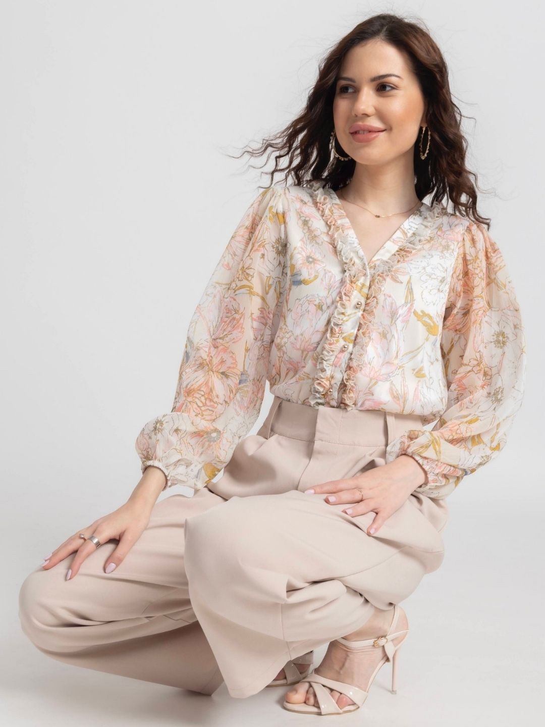 

JULO Floral Print Puff Sleeve Chiffon Blouson Top, Cream