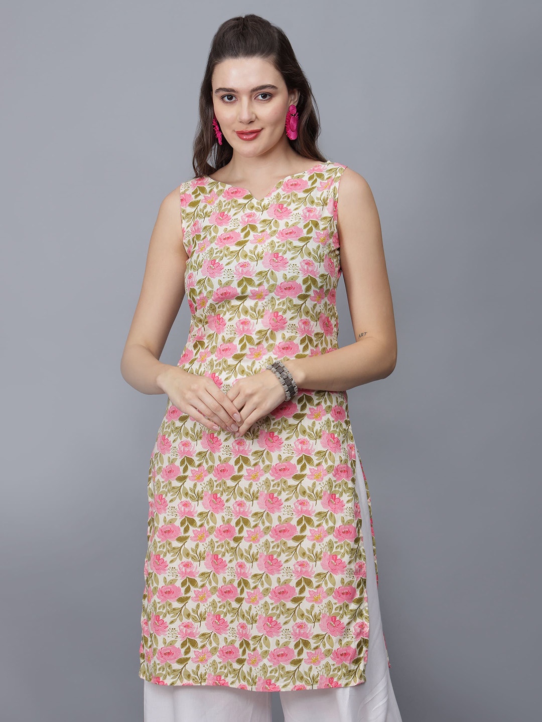 

ETRAANA Floral Printed Pure Cotton V Neck Ethnic A-Line Kurta, Beige