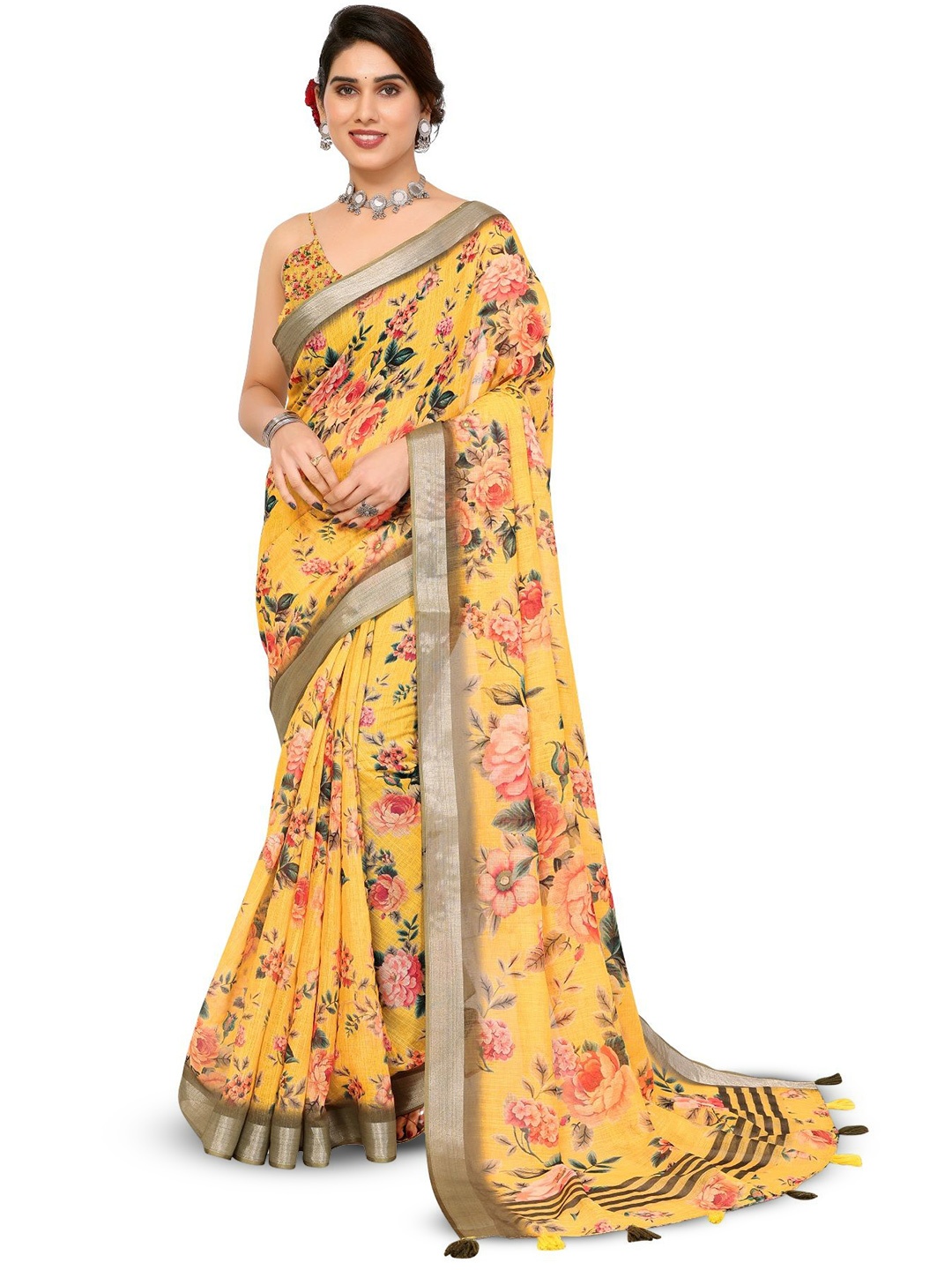 

Moda Rapido Floral Zari Linen Blend Saree, Yellow