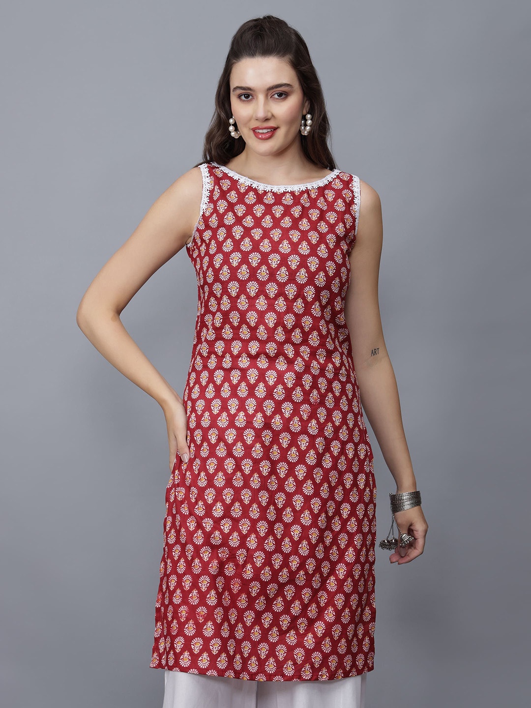 

ETRAANA Floral Printed Pure Cotton Round Neck Ethnic A-Line Kurta, Red
