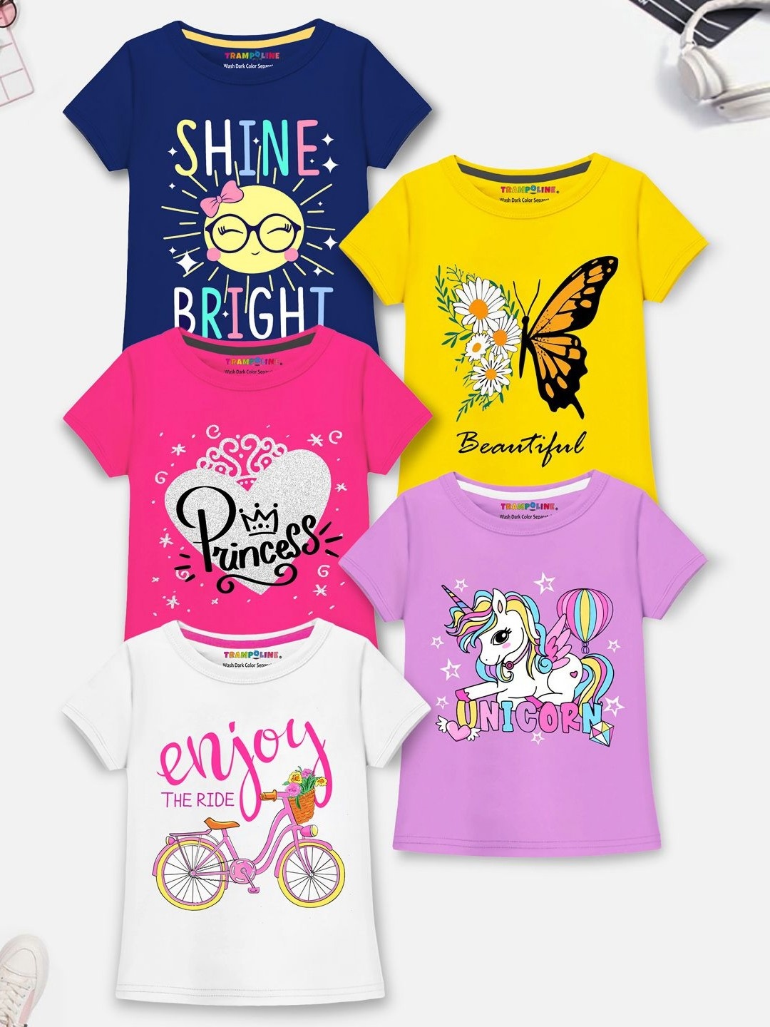 

YK X Trampoline Girls Pack Of 5 Graphic Printed T-Shirt, Purple