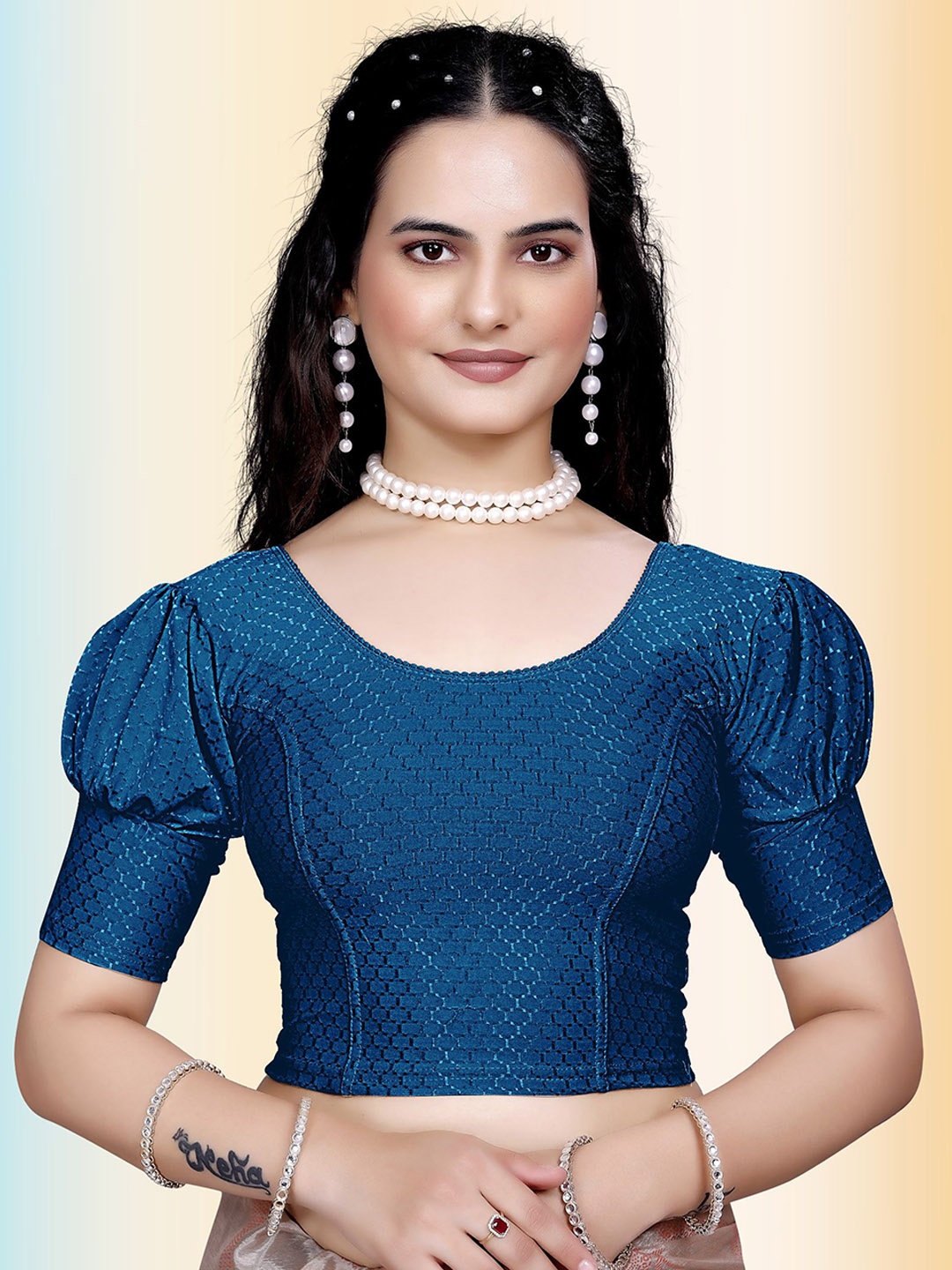

TANISHM FEB TEX Cotton Round Neck Saree Blouse, Turquoise blue