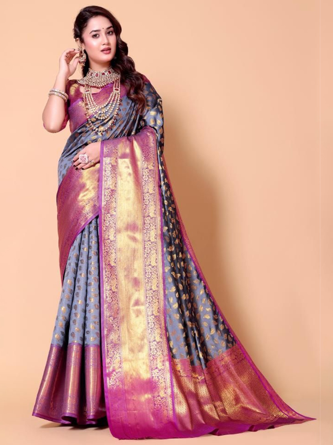 

jayant creation Woven Design Zari Silk Blend Banarasi Saree, Grey
