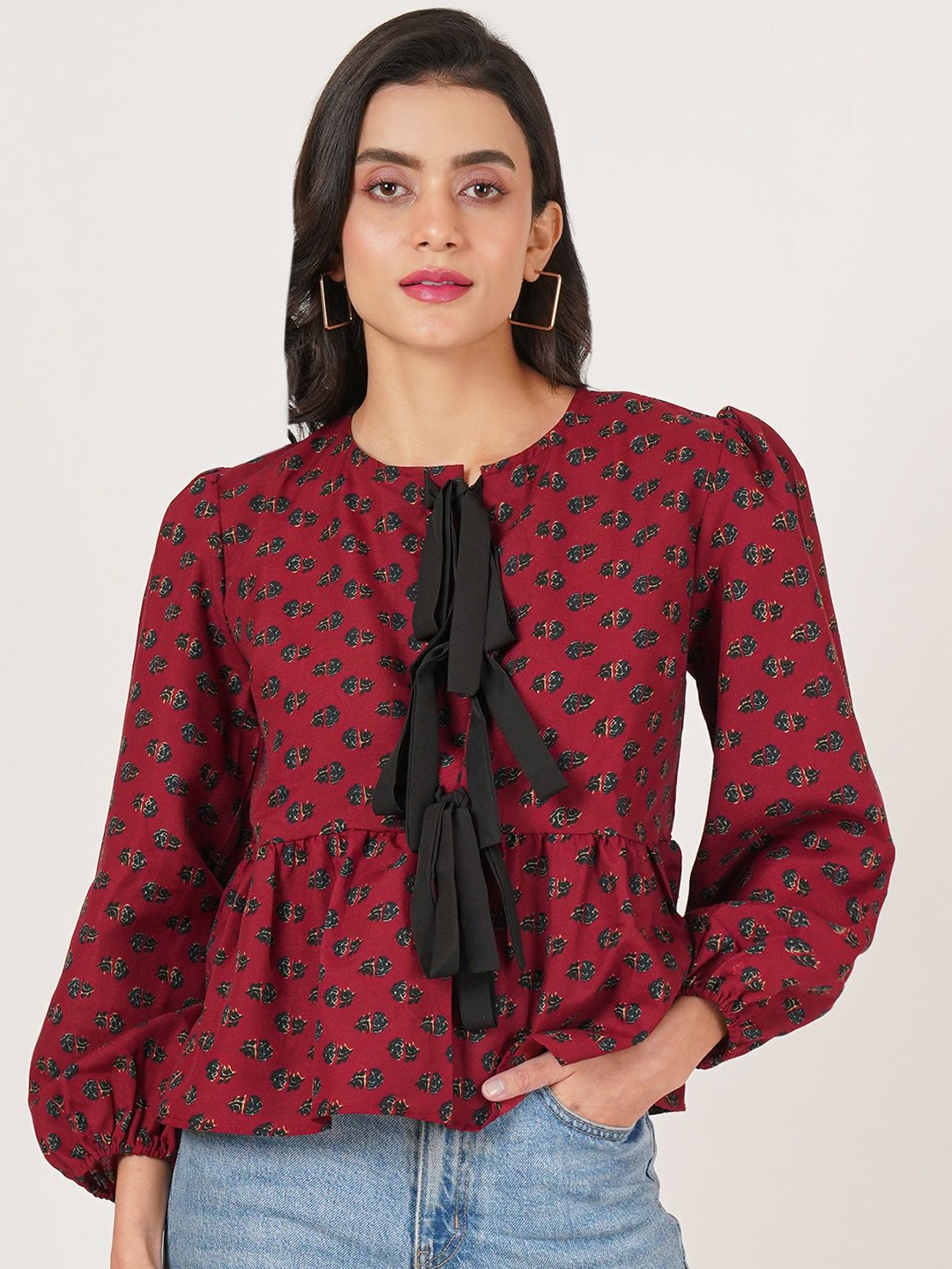 

U&F Floral Print Tie-Up Neck Puff Sleeve Cotton Peplum Top, Maroon
