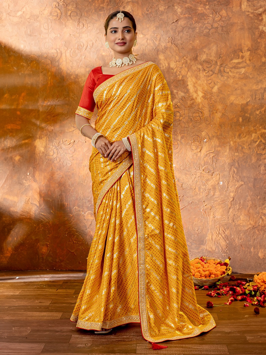 

PBS PRINTS Ethnic Motifs Zari Pure Silk Bomkai silk Saree, Yellow