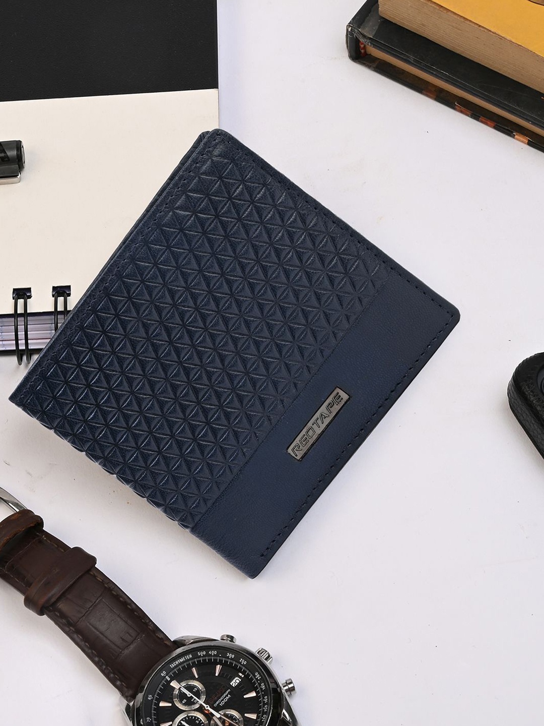

Red Tape Men Textured Leather Two Fold Wallet, Navy blue