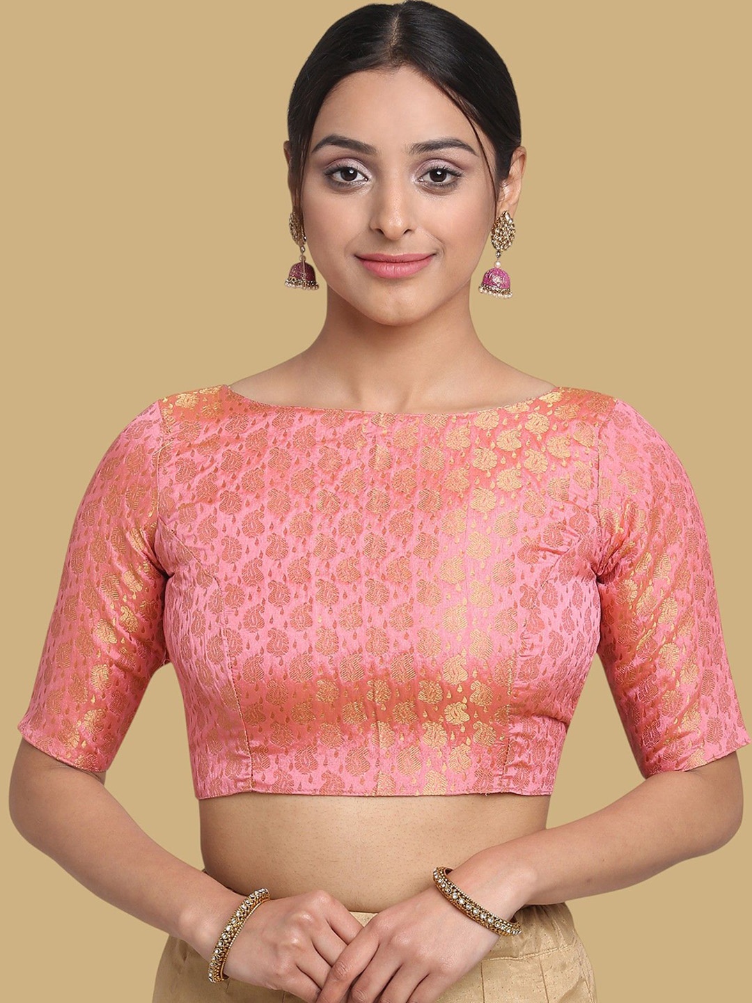 

Oomph! Women Woven Design Boat Neck Saree Blouse, Pink