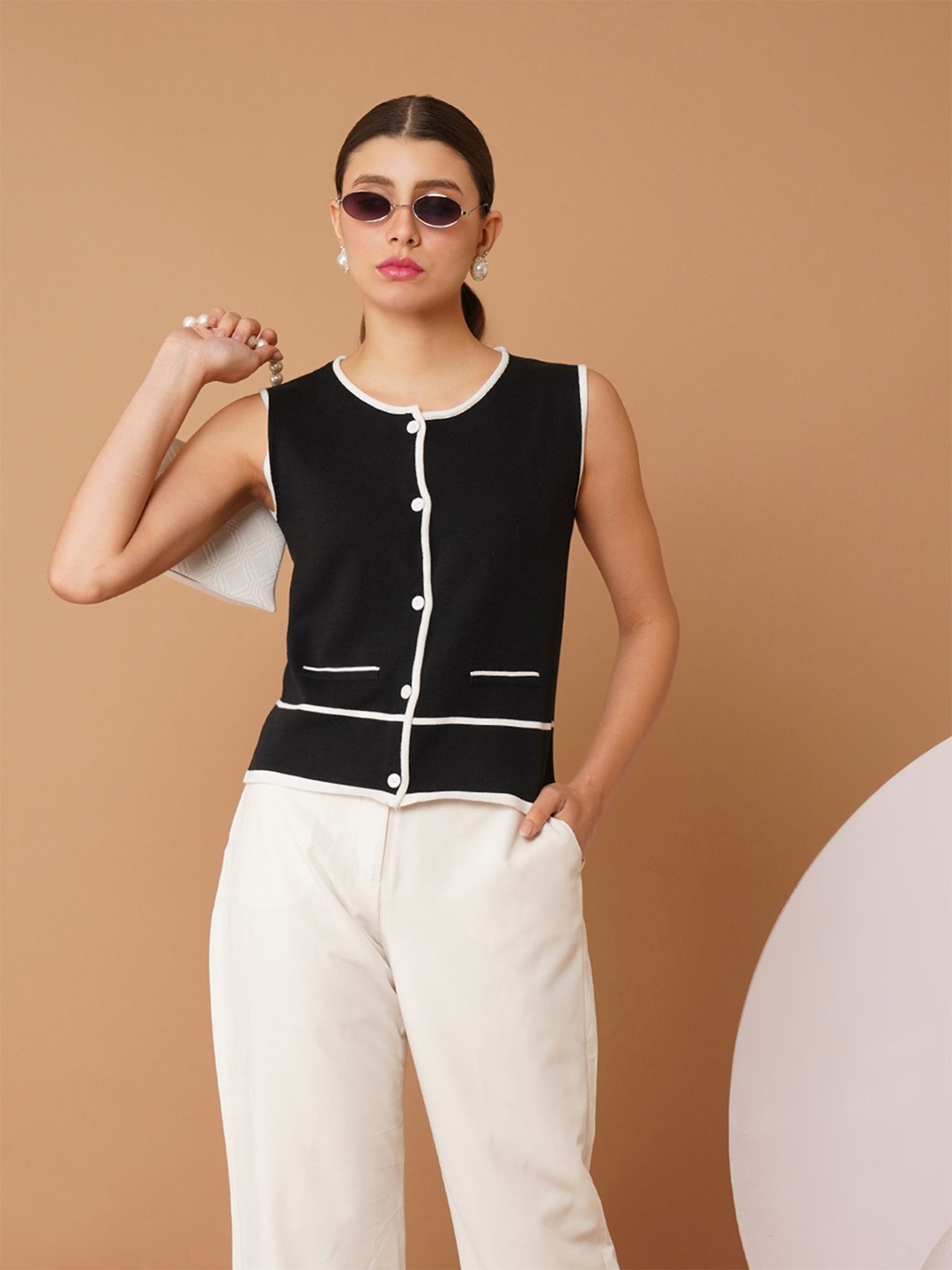 

Chemistry Striped Mandarin Collar Cotton Top, Black