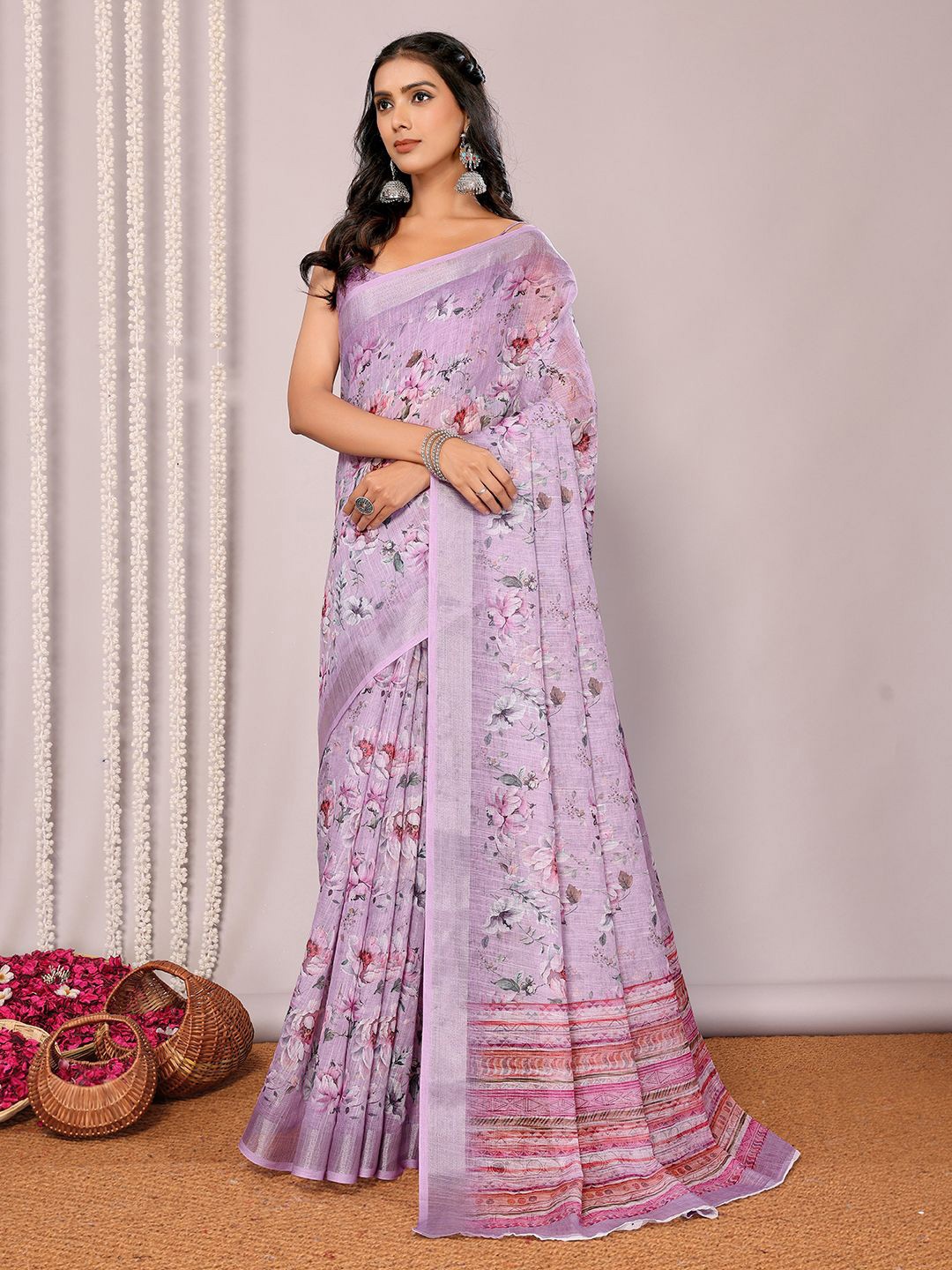 

Janasya Women Linen Blend Floral Printed Saree With Unstitched Blouse Piece, Lavender