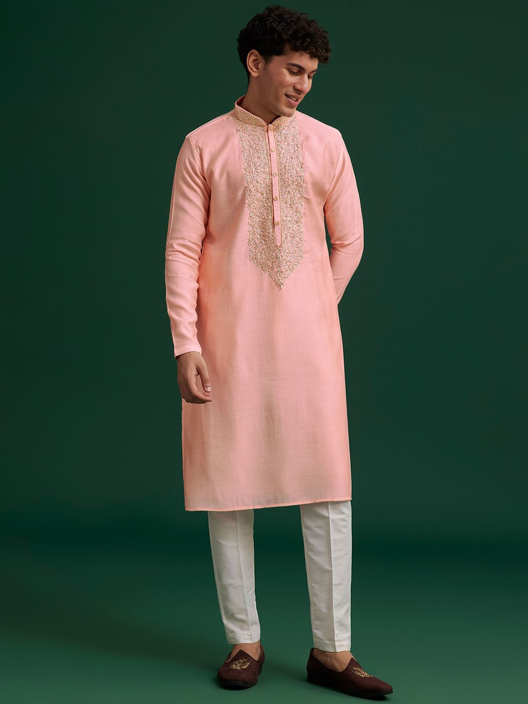 

KALKI Fashion Men Floral Embroidered Regular Beads and Stones Kurta with Trousers, Peach