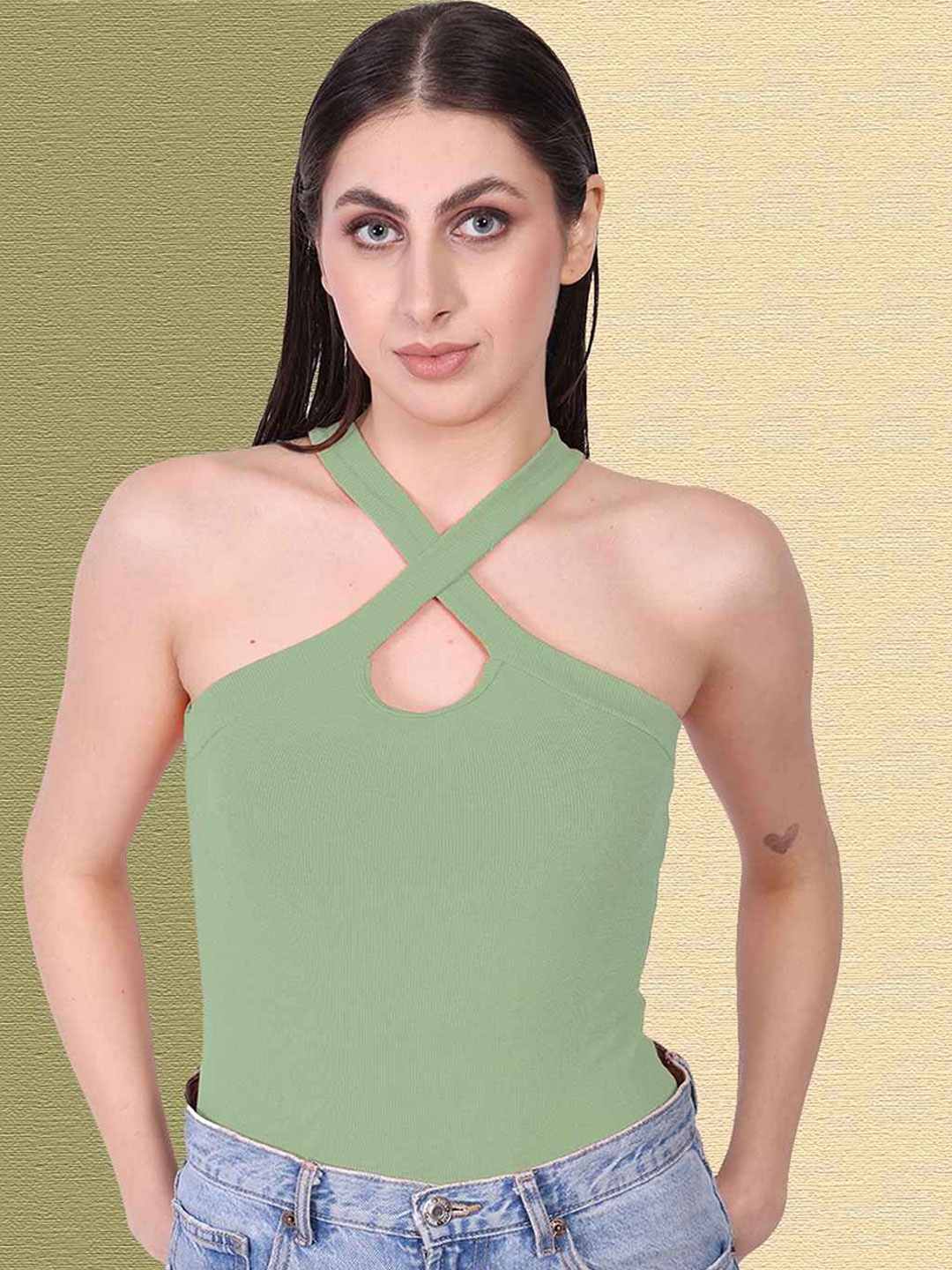 

Mast & Harbour Women Halter Neck Sleeveless Cotton Fitted Crop Top, Green