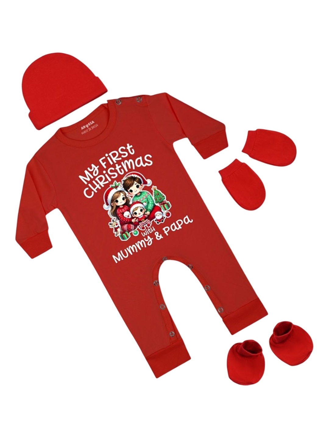 

Arvesa Infants My First Christmas Printed Bodysuit with Cap Booties Mitten, Red