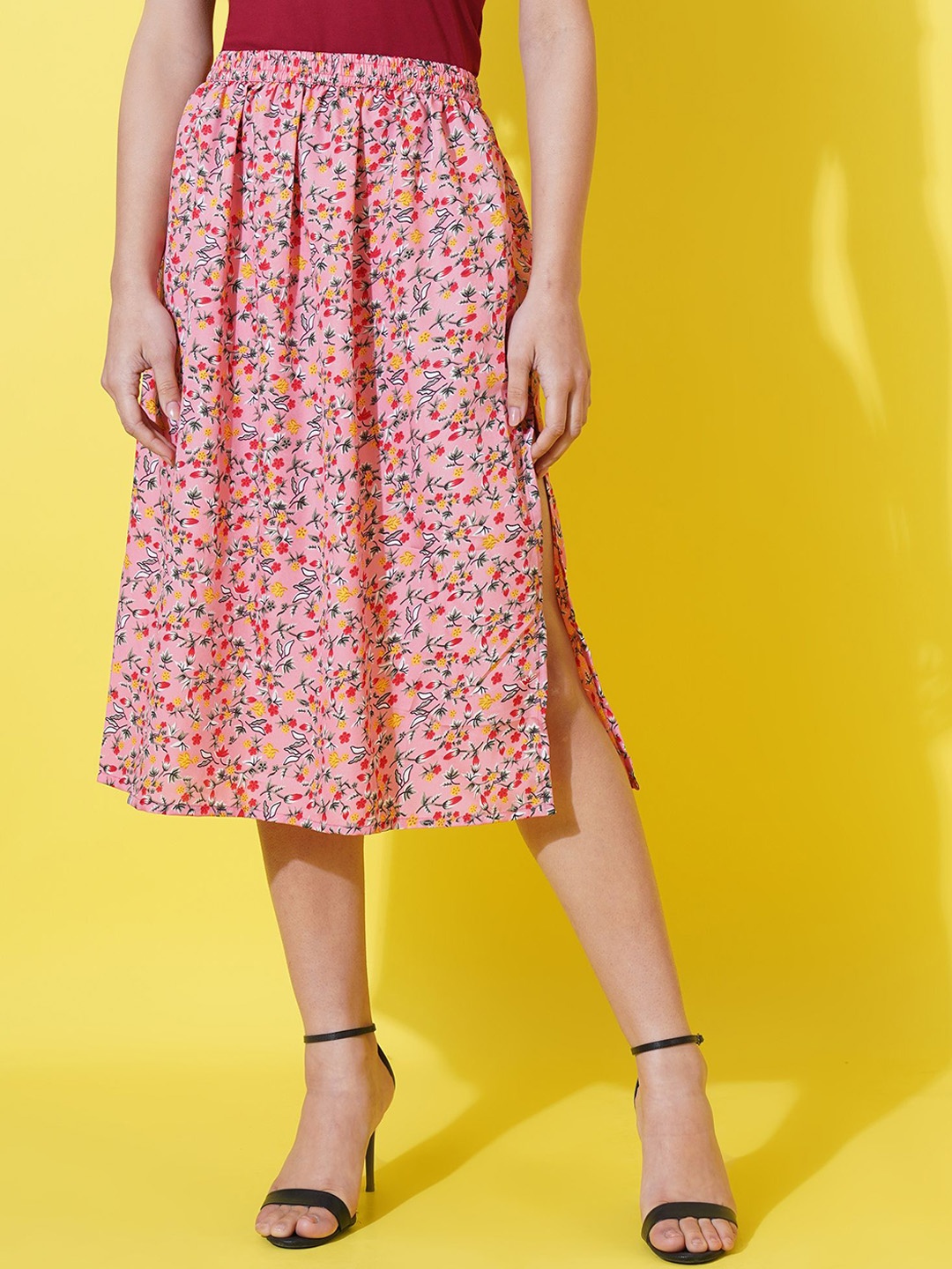 

FebQ Floral Printed A-Line Midi Skirt, Pink