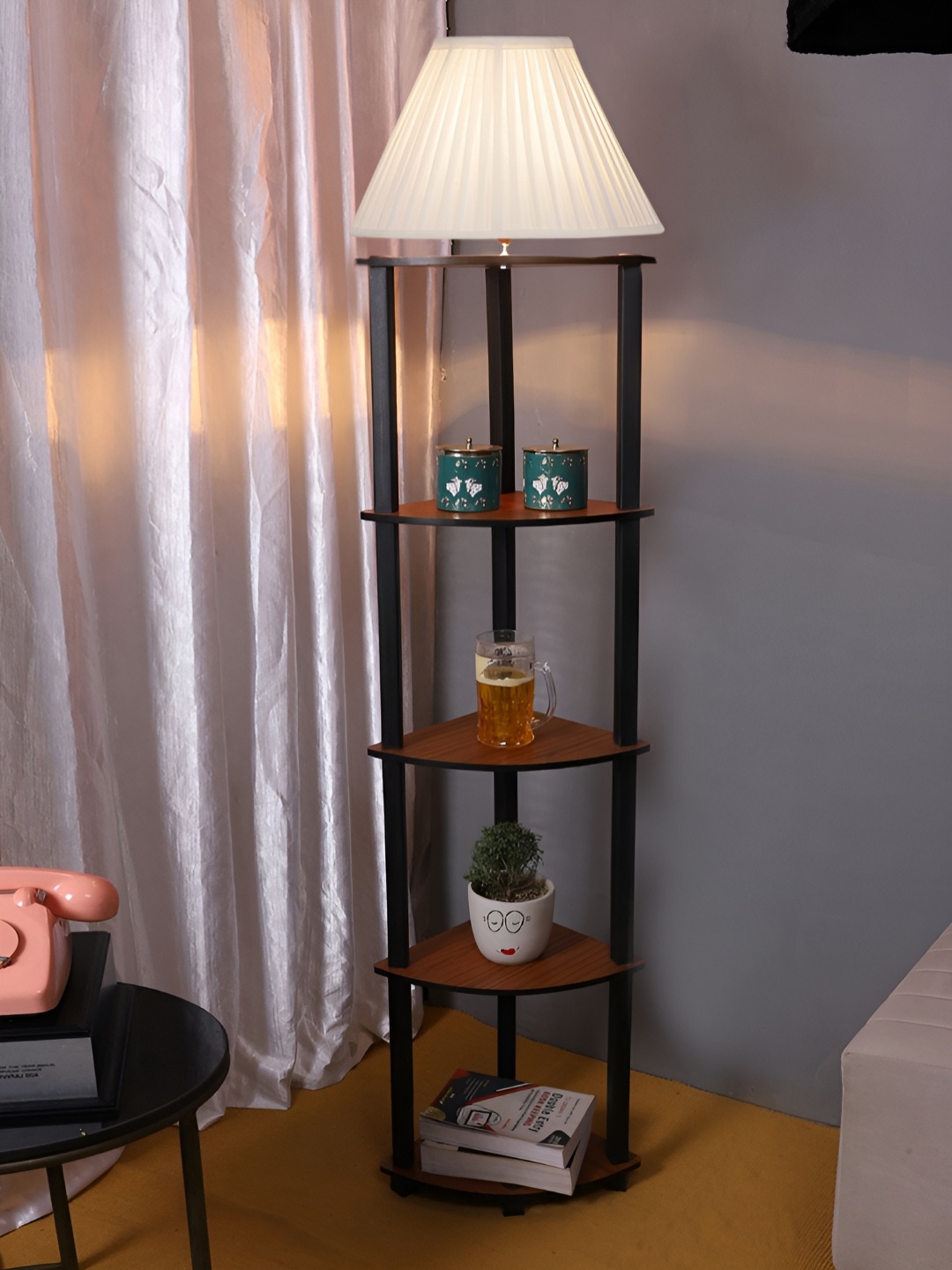 

Devansh Off White & Brown Pleated Cotton Wooden Shelf Floor Lamp