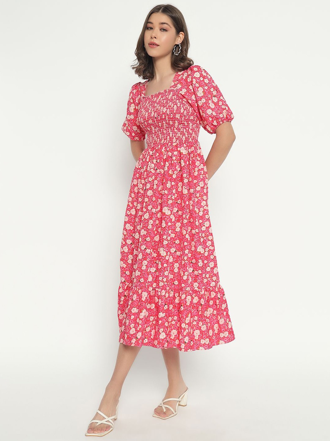 

Raiyani Fashion Floral Print Applique Crepe Fit & Flare Midi Dress, Peach