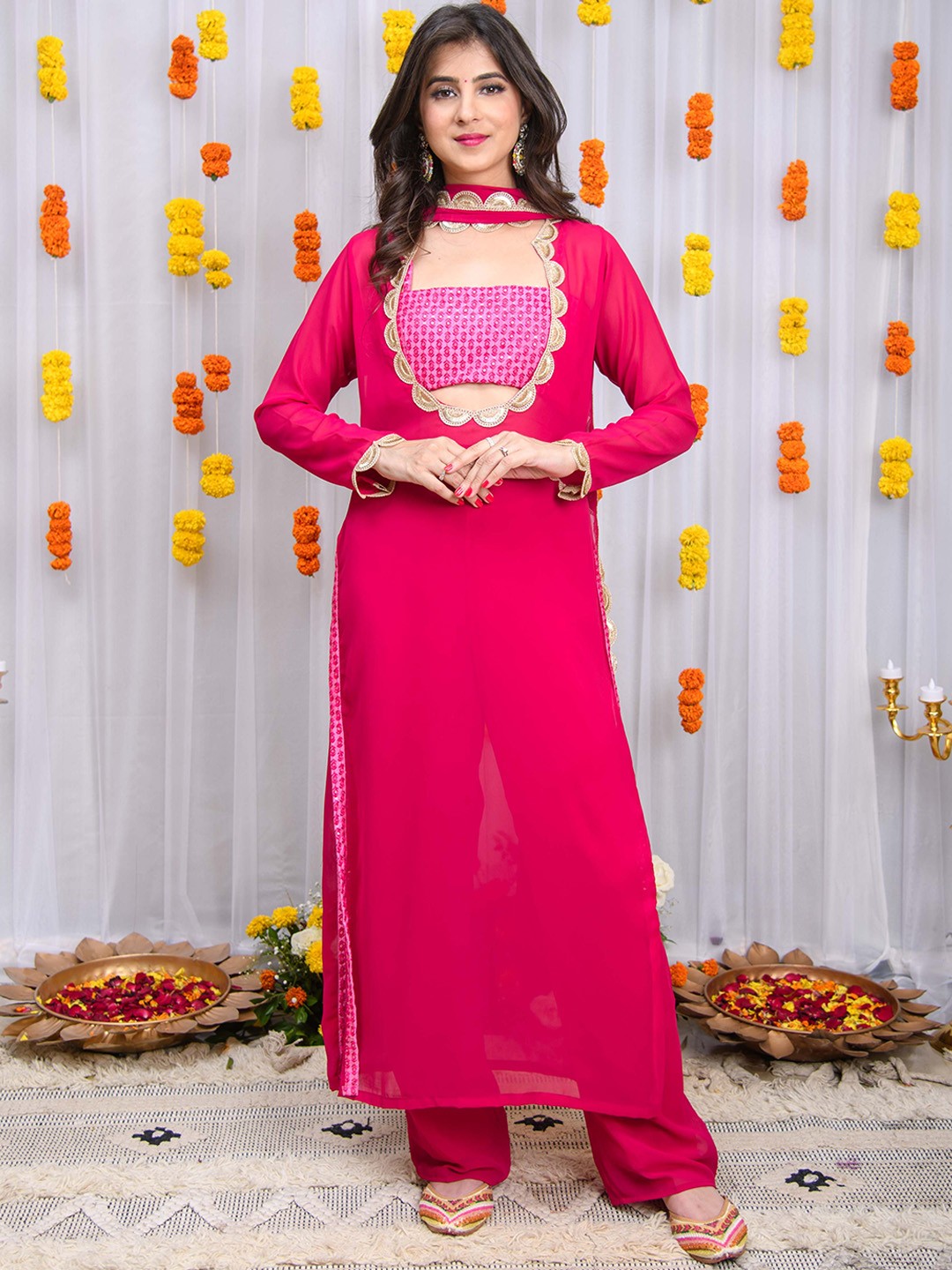 

Label Shaurya Sanadhya Women Regular Kurta with Trousers & With Dupatta, Pink
