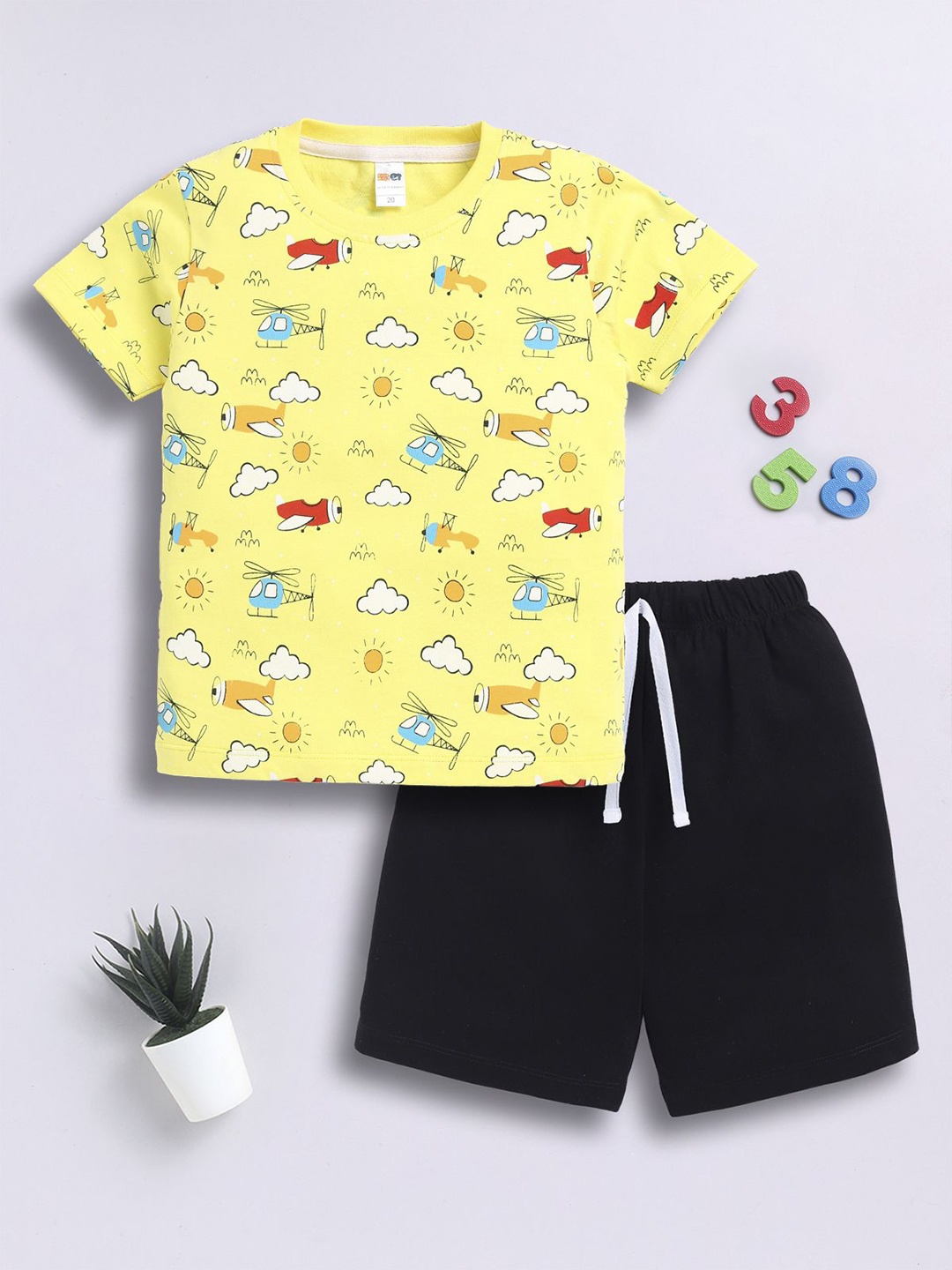 

LITTLE NINJA Boys Printed Round Neck Pure Cotton Top With Shorts, Yellow