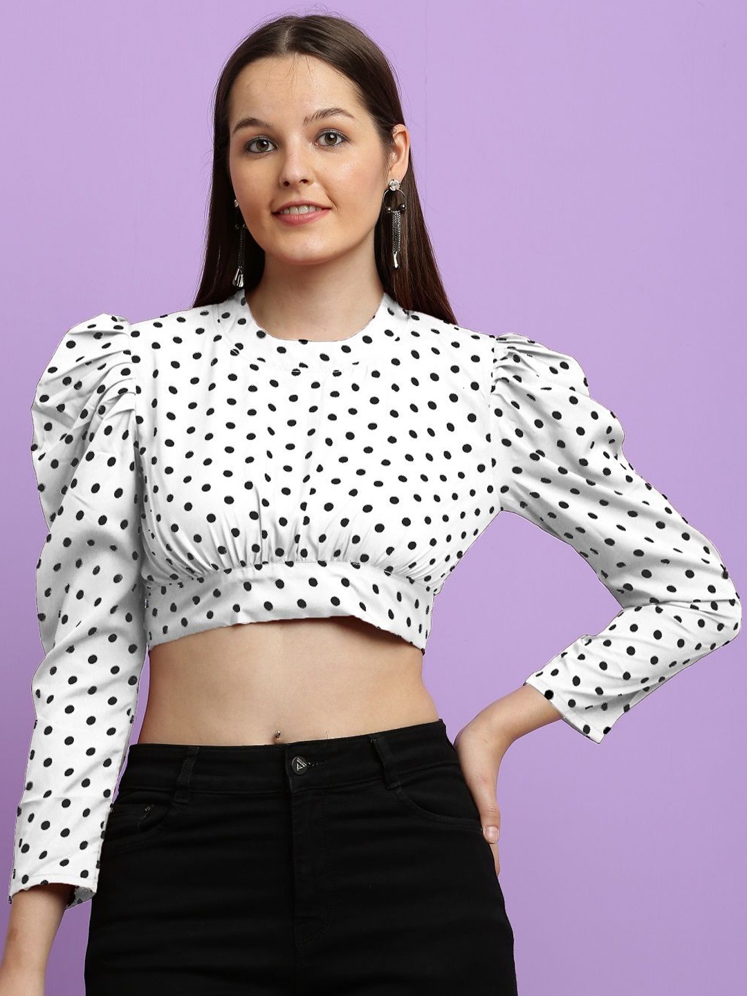 

CLOTHINK INDIA Polka Dot Colourblocked Tie-Up Neck Puff Sleeve Crepe Crop Top, White