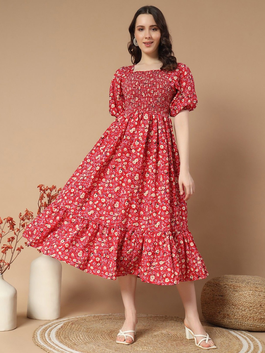 

Jash Creation Print Puff Sleeve Crepe Fit & Flare Dress, Peach