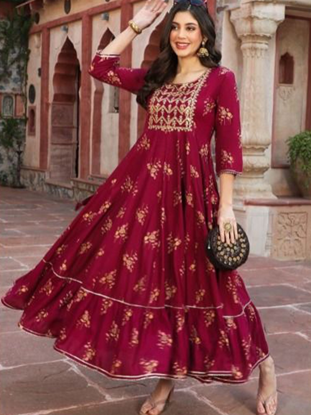 

Badrika Floral Print Fit & Flare Maxi Dress, Maroon