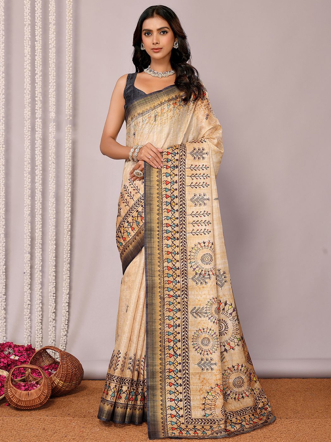 

Janasya Chanderi Silk Warli Print Printed Chanderi Saree with Unstitched Blouse Piece, Beige