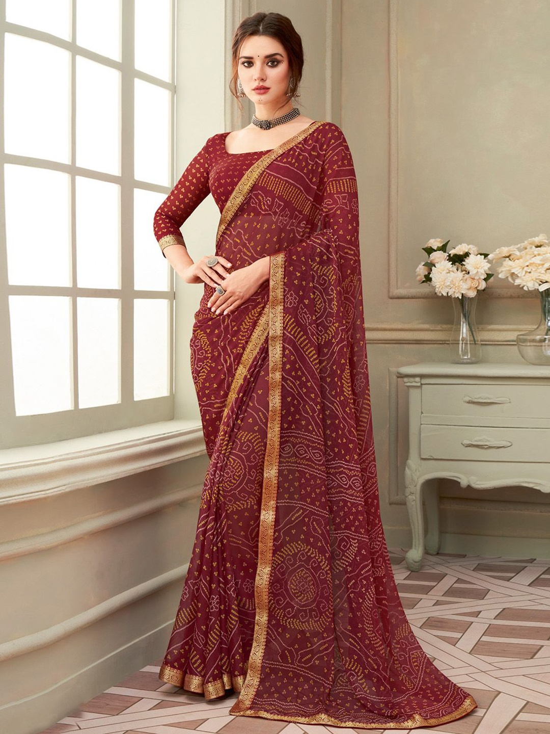 

LeeliPeeri Designer Bandhani Poly Chiffon Saree, Maroon
