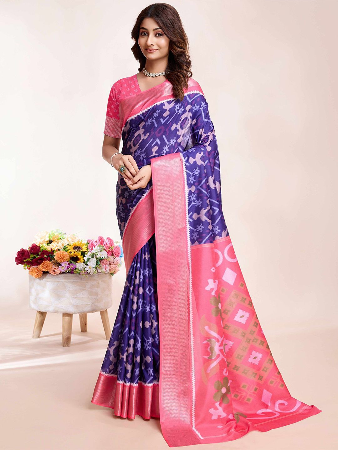 

Peachmode Ethnic Motifs Zari Silk Blend Saree, Violet