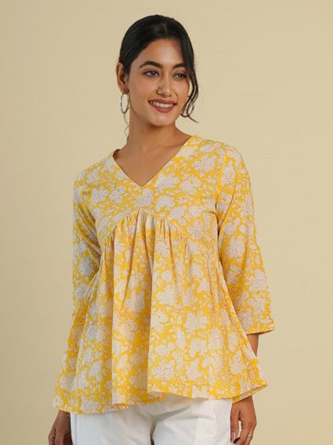 

GOODHAND Floral Print Block Print Cotton Top, Yellow