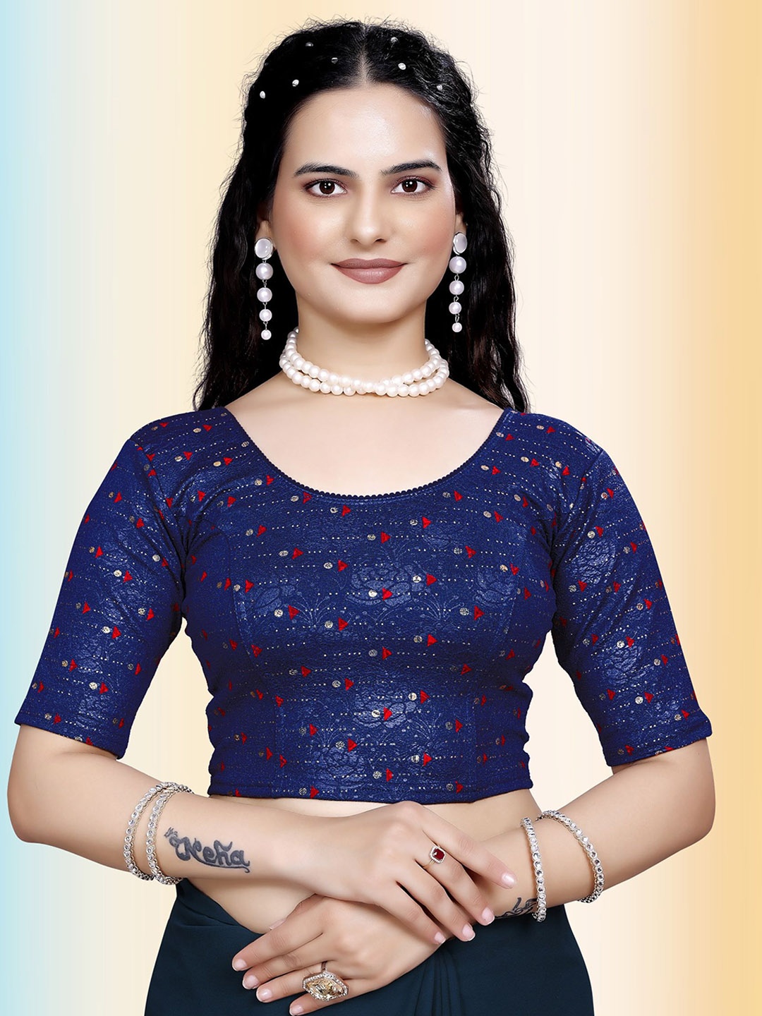 

TANISHM FEB TEX Printed Cotton Round Neck Saree Blouse, Navy blue