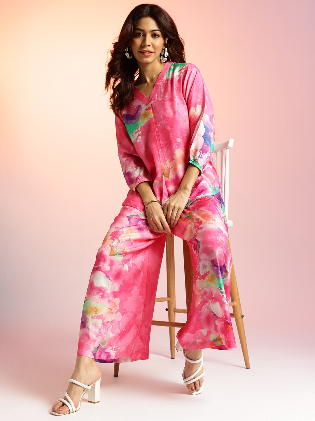 

navyasa by liva Abstract Printed V-Neck Top With Trouser Co-Ords, Pink