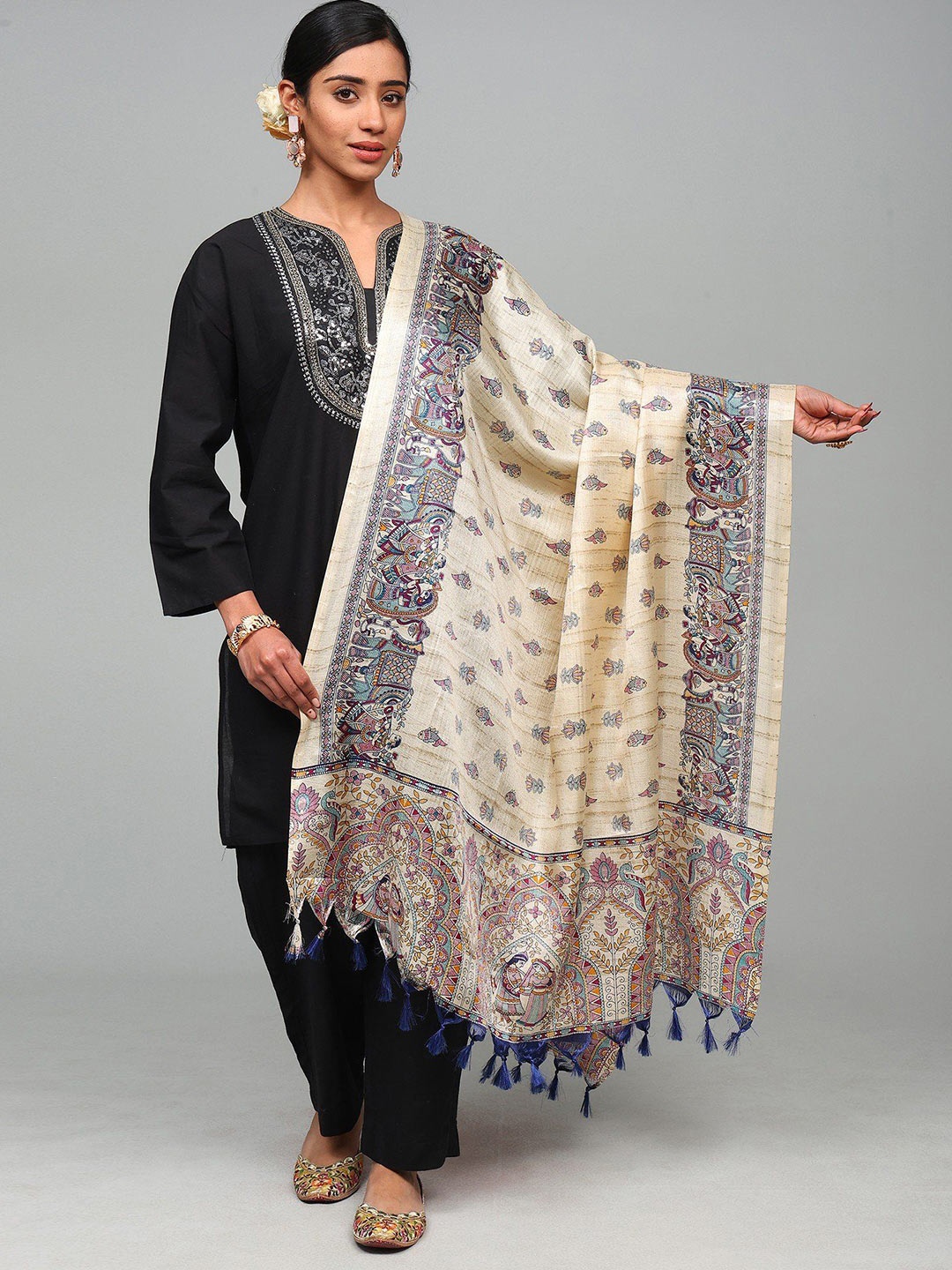 

Exotic India Ethnic Motifs Printed Art Silk Dupatta, Brown
