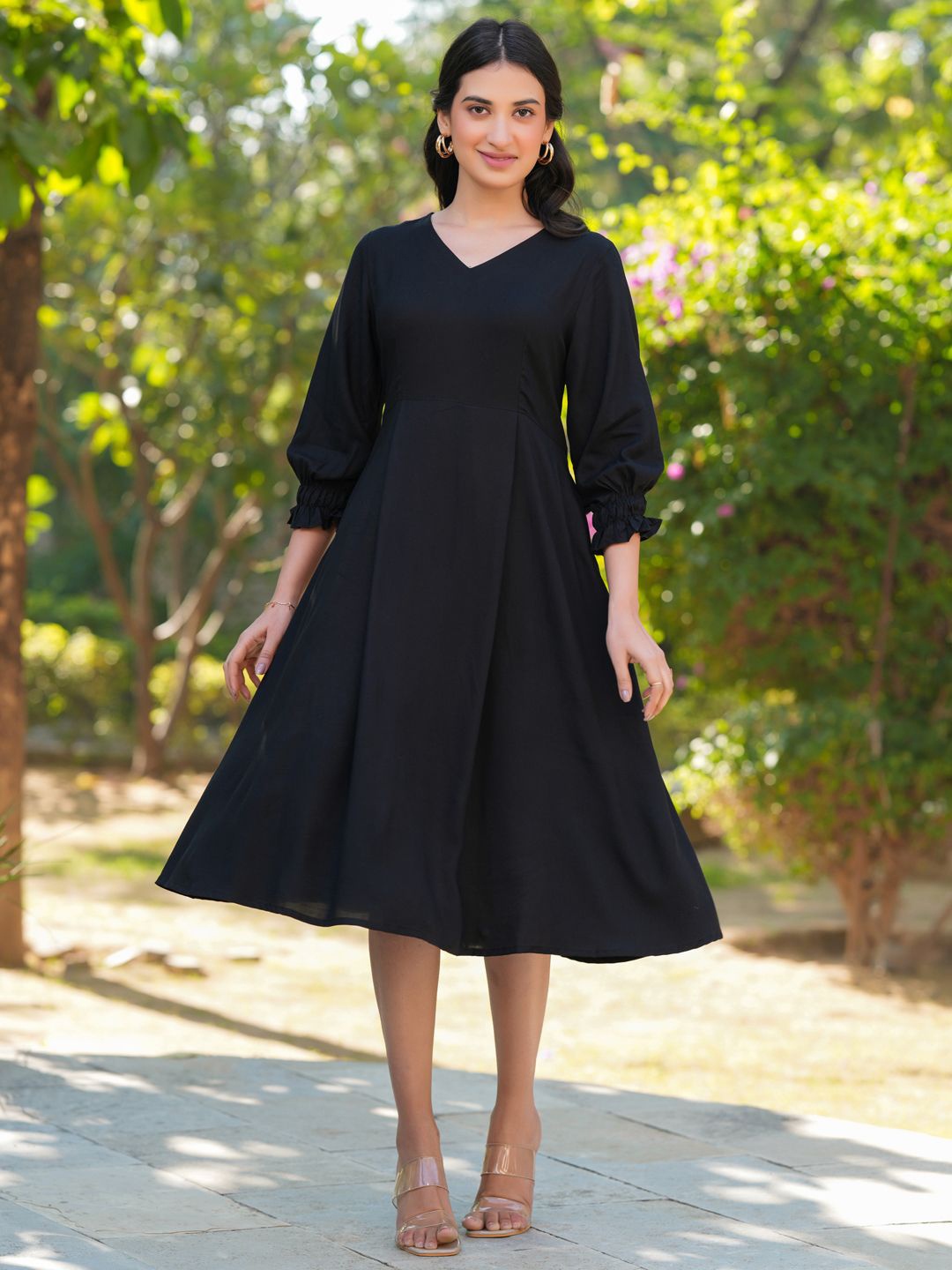 

Janasya Women Black Rayon Solid A-line Dress