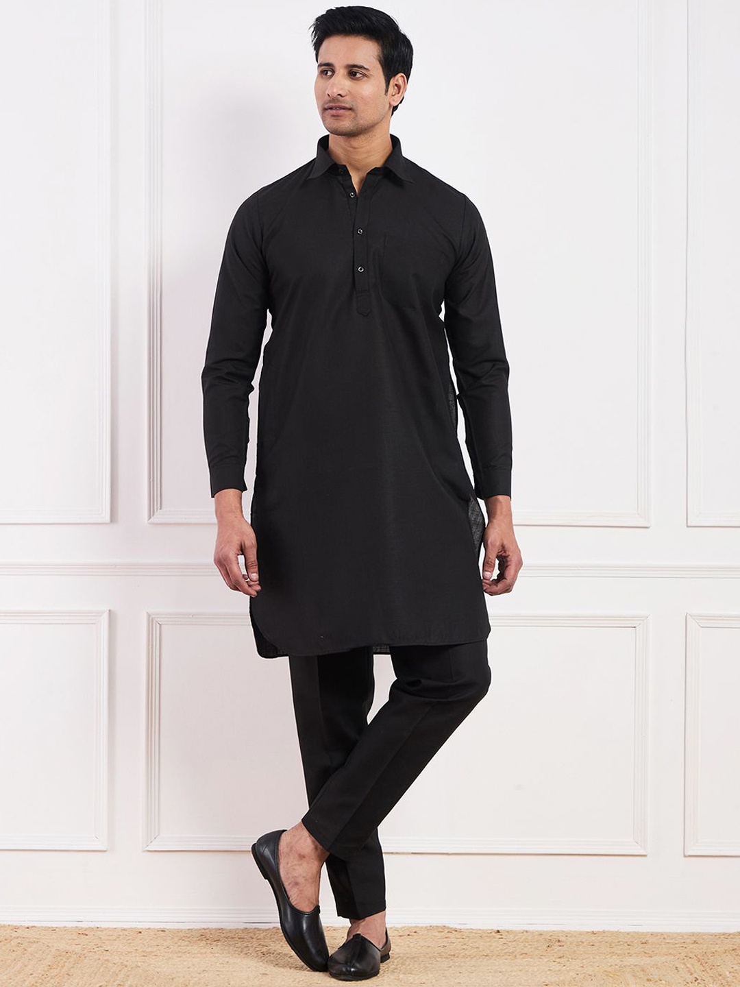 

Satwaa Shirt Collar Single Pocket Pathani Kurta with Trousers, Black