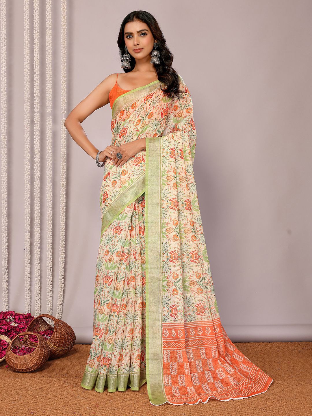 

Janasya Light Green Linen Blend Floral Printed Daily Wear Saree with Blouse Piece