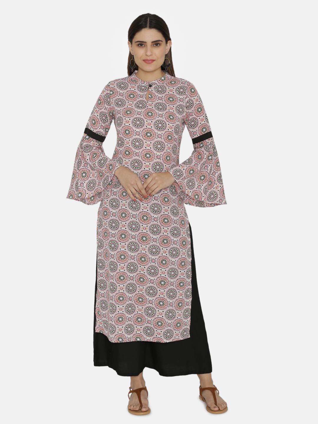 

VEGAL Floral Printed Bell Sleeves Kurta, Pink