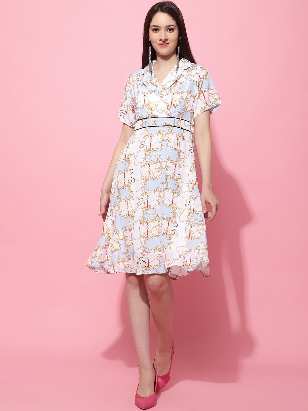

JAKANARY Women Shirt Collar Printed Wrap Dress, White