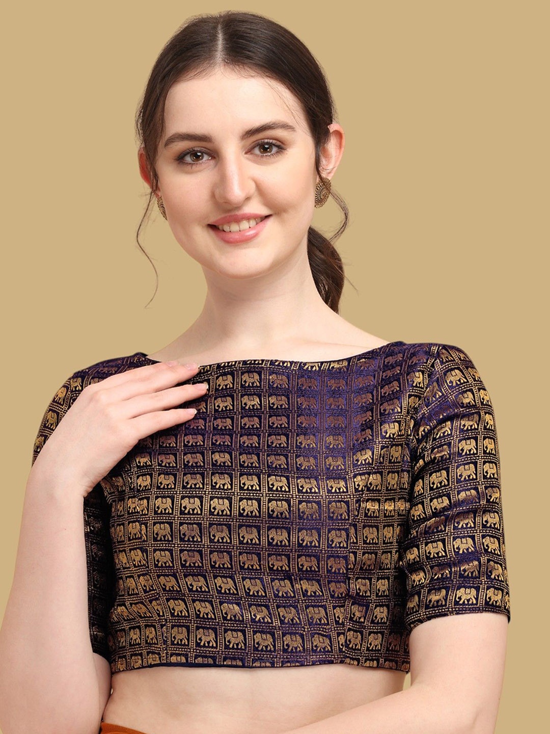 

Oomph! Woven Design Boat Neck Jacquard Saree Blouse, Navy blue