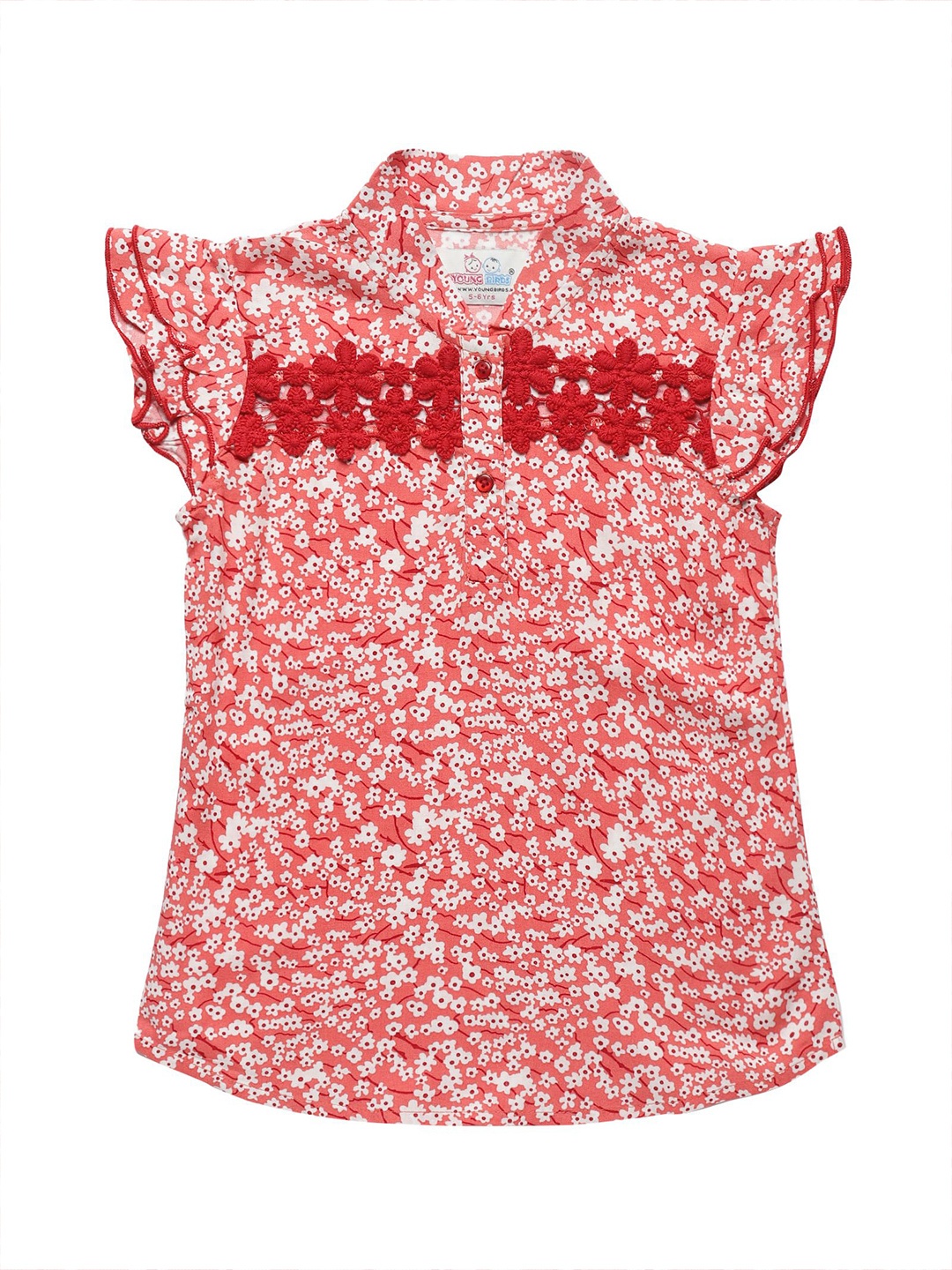 

YOUNG BIRDS Floral Print Mandarin Collar Flutter Sleeve Shirt Style Top, Red