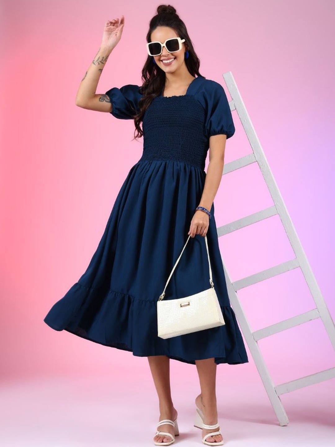 

Raiyani Fashion Square Neck Puff Sleeve Smocked Fit & Flare Dress, Blue
