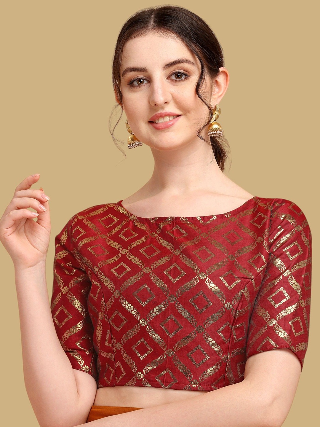 

Oomph! Woven Design Boat Neck Jacquard Saree Blouse, Red