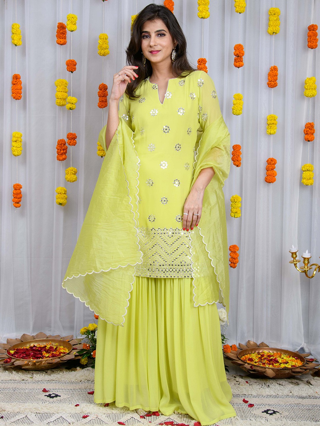 

Label Shaurya Sanadhya Women Ethnic Motifs Embroidered Regular Kurta with Sharara & With Dupatta, Lime green