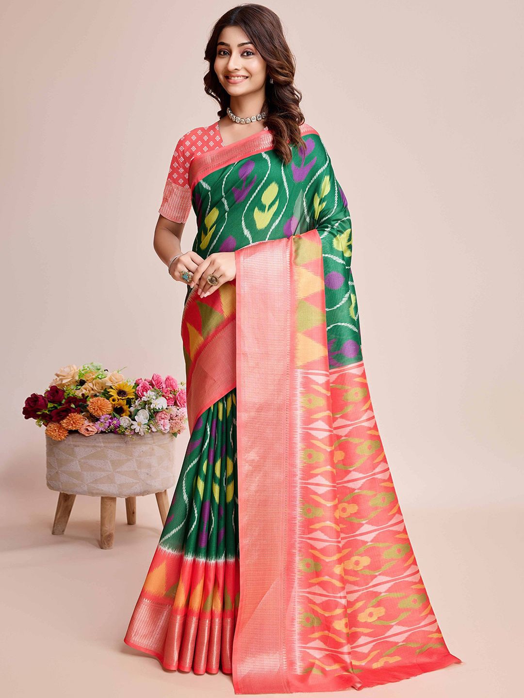 

Peachmode Ethnic Motifs Zari Silk Blend Saree, Green