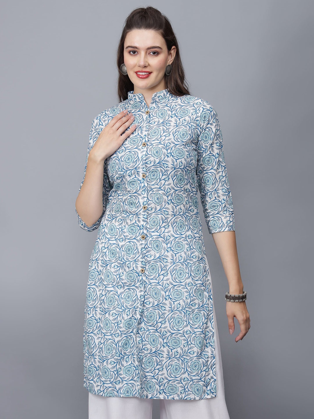 

ETRAANA Printed Pure Cotton Mandarin Collar Kurta, Blue