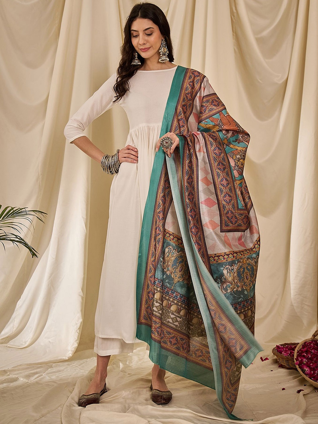 

InWeave Women Regular Kurta with Palazzos & With Dupatta, White