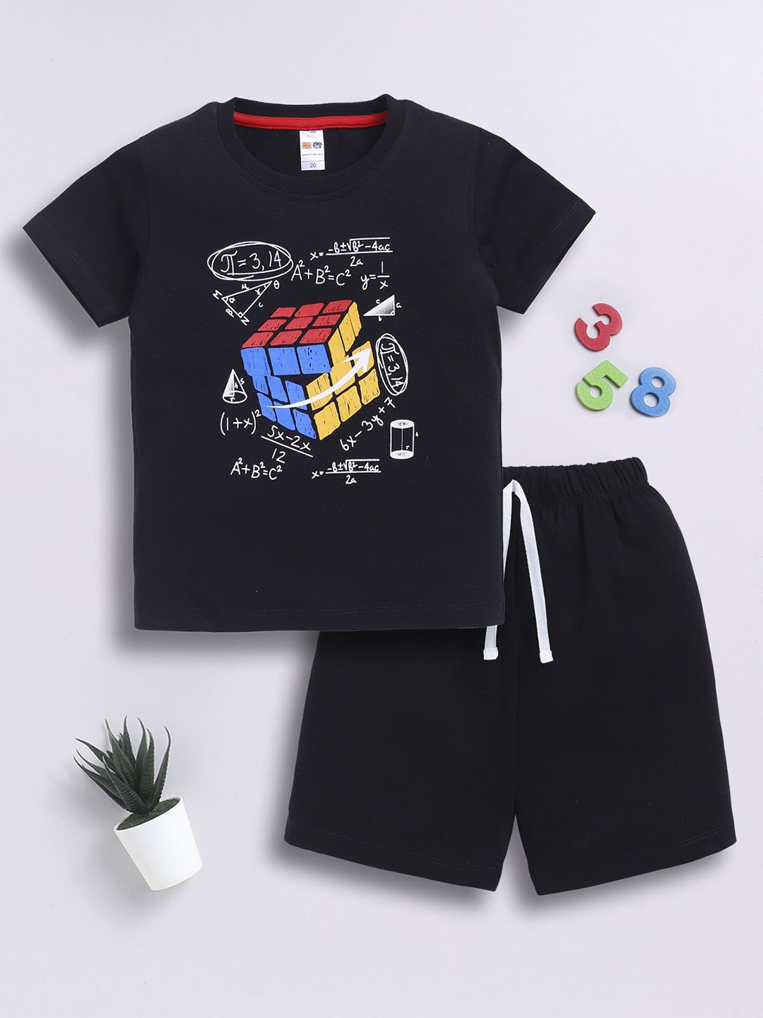 

LITTLE NINJA Boys Printed Pure Cotton T-shirt With Shorts, Black