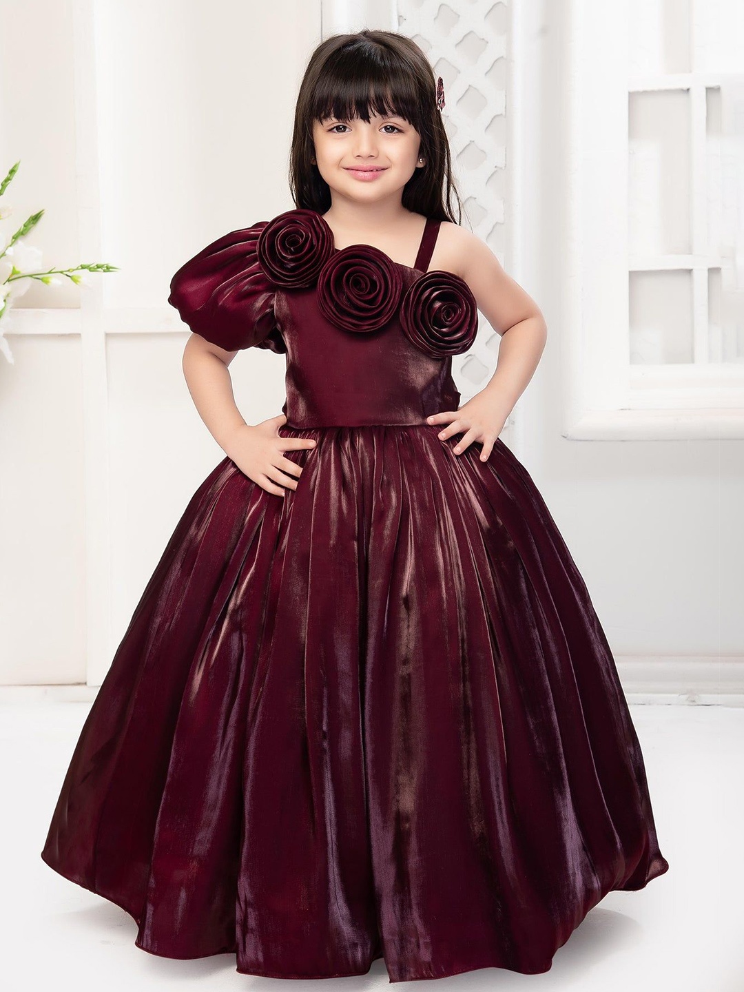 

SARDAR DRESSES One Shoulder Satin Maxi Dress, Maroon