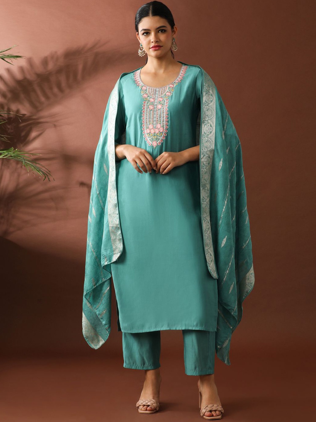 

Jaipur Kurti Women Floral Yoke Design Regular Thread Work Chanderi Cotton Kurta with Trousers & With Dupatta, Blue