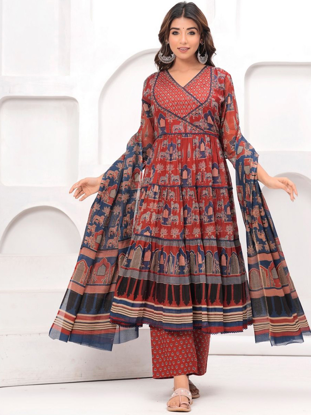 

Kanahari Women Ethnic Motifs Printed Regular Beads and Stones Pure Cotton Kurta with Trousers & With Dupatta, Red
