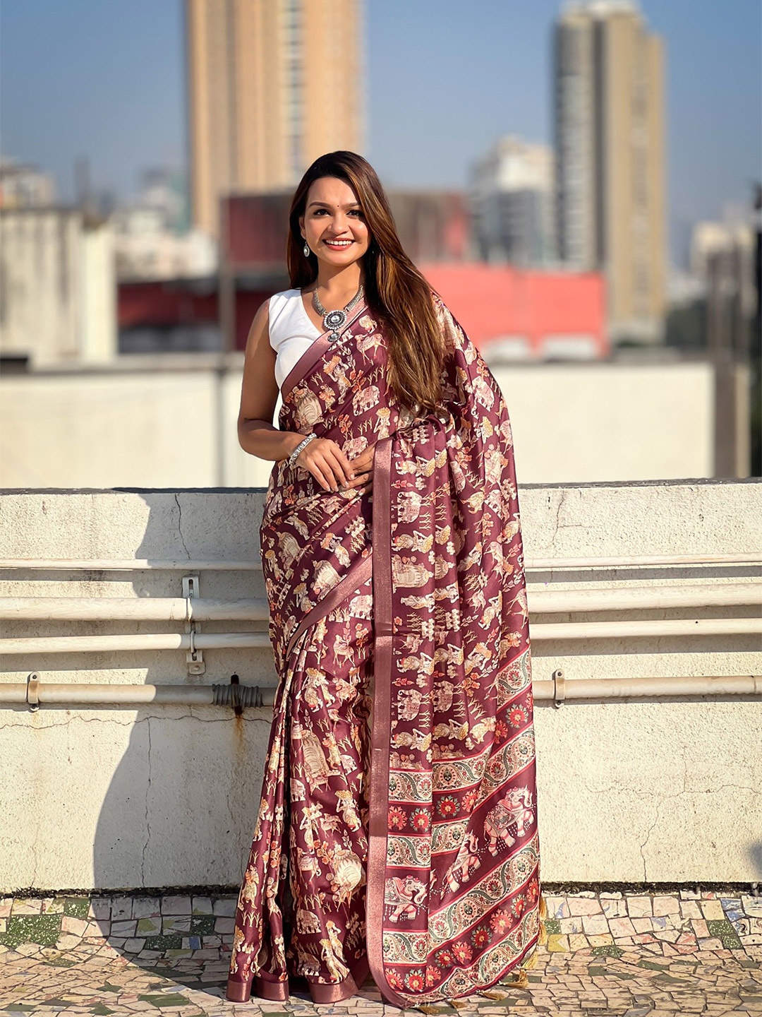 

Rangtulika Ethnics Kalamkari Printed Zari Banarasi Saree, Purple